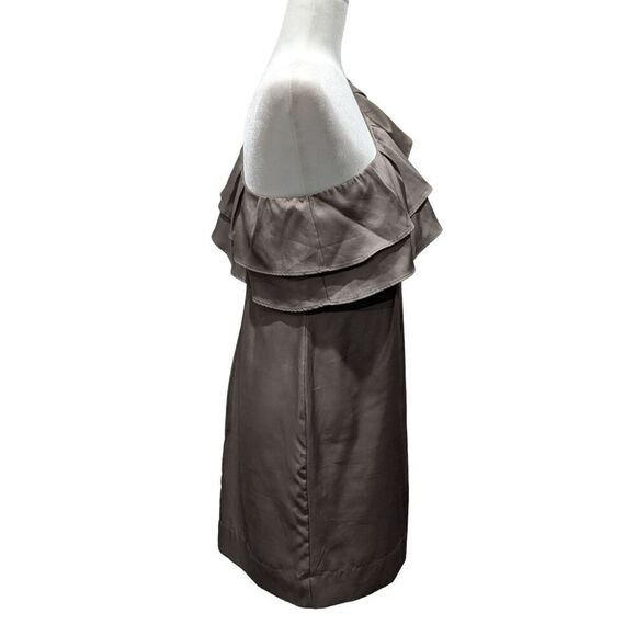 Apostrophe Taupe Sateen One Shoulder Double Ruffle Party Mini Dress, 6 - Picture 2 of 7